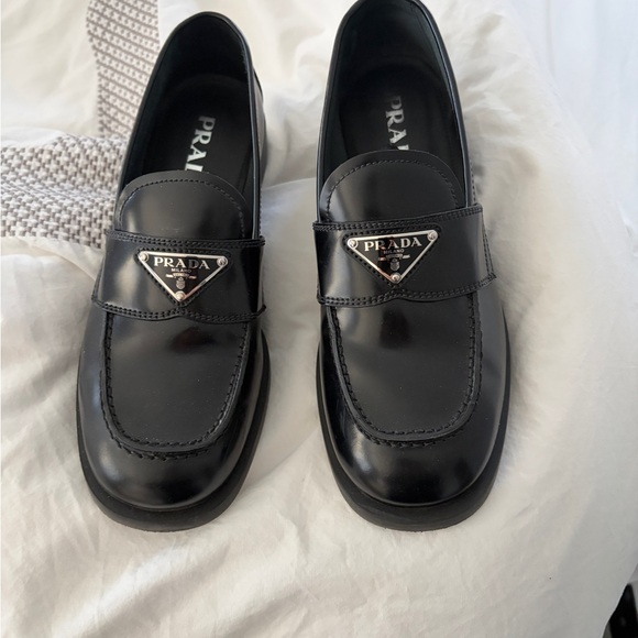 Prada Shoes - Prada Black Leather Logo Triangle Penny Loafers